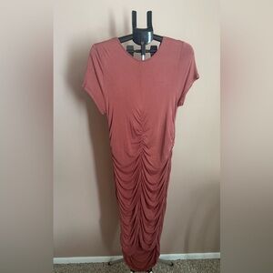 Fashion Nova Salmon Ruched Short Sleeve Midi Dress